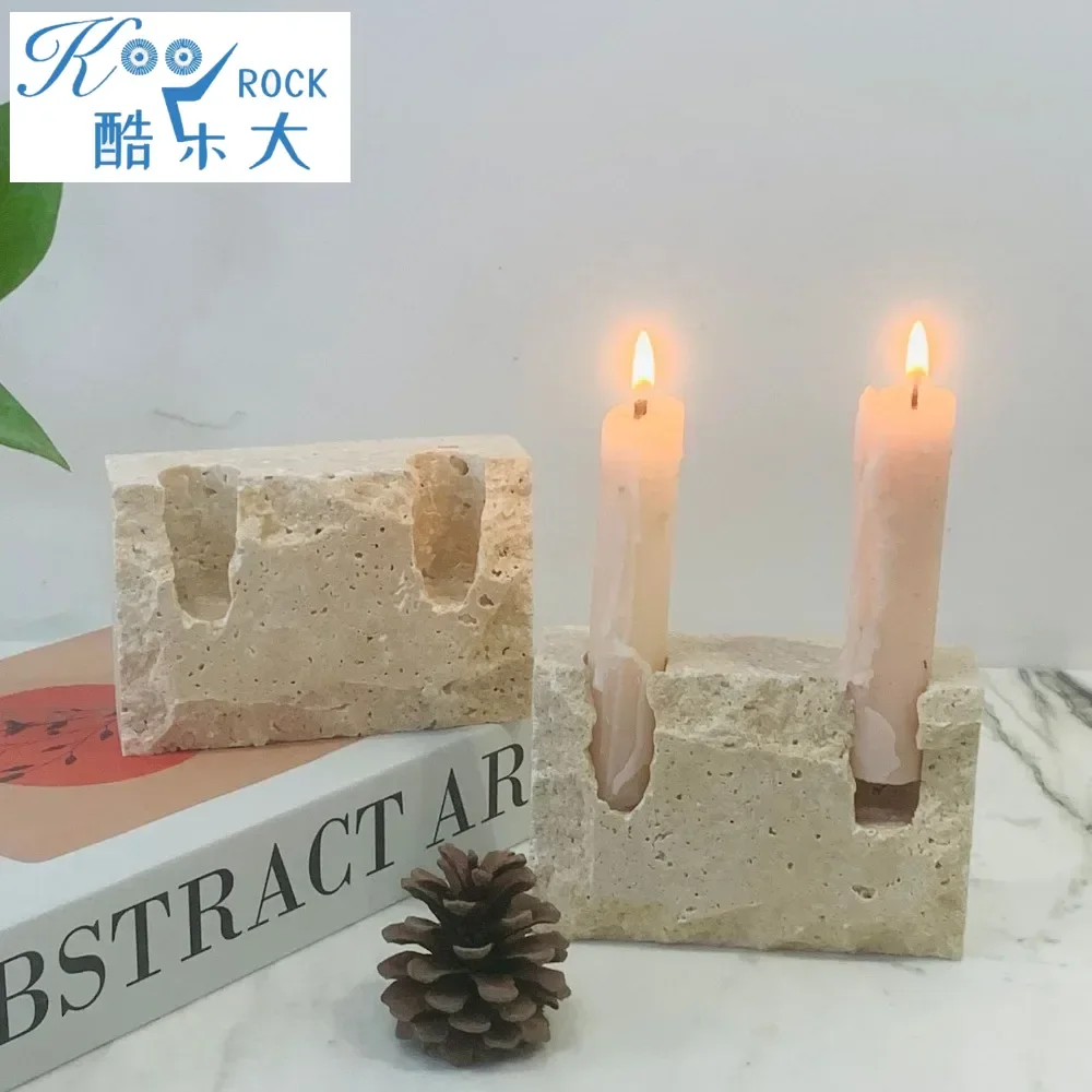 Natural Marble and Yellow Hole Stone Sabbath Candle Holder with Creative Rectangle Design for Home Decoration Menorah