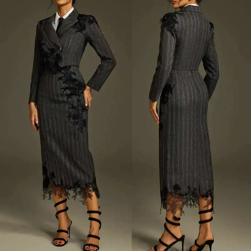 

Formal 2 Pieces Suit For Women 3D Floral Peaked Lapel Double Breasted Lace Long Skirt Birthday Party Customized