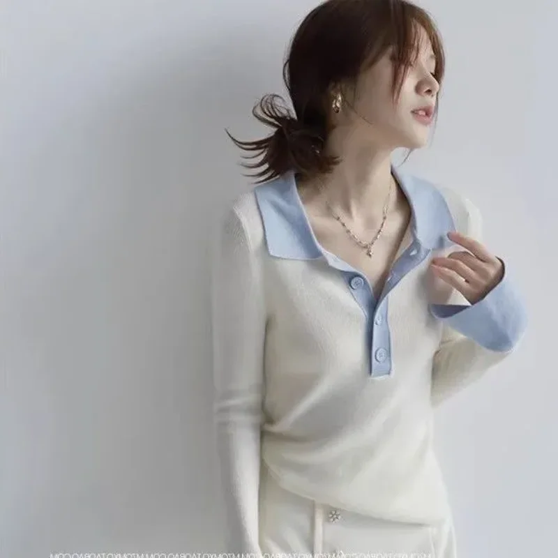 2025 الخريف والشتاء بولو طوق الداخلية سترة طويلة الأكمام المتناقضة اللون مزاجه سليم محبوك قاع قميص