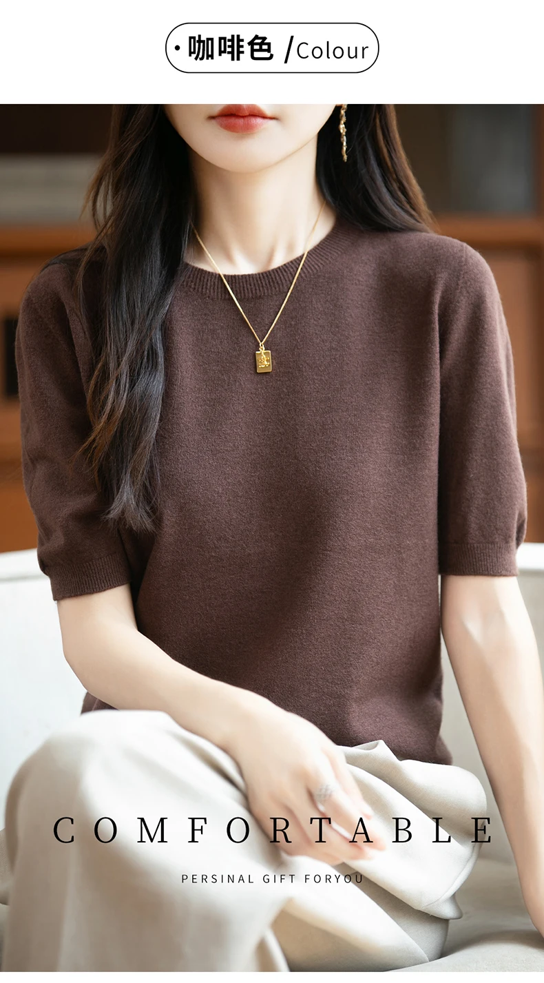 First-Line Ready-To-Wear Sweater Women's 100 Pure Wool Knitted Short-Sleeved T-Shirt Round Neck Thin Sweater Loose Half-Sleeve