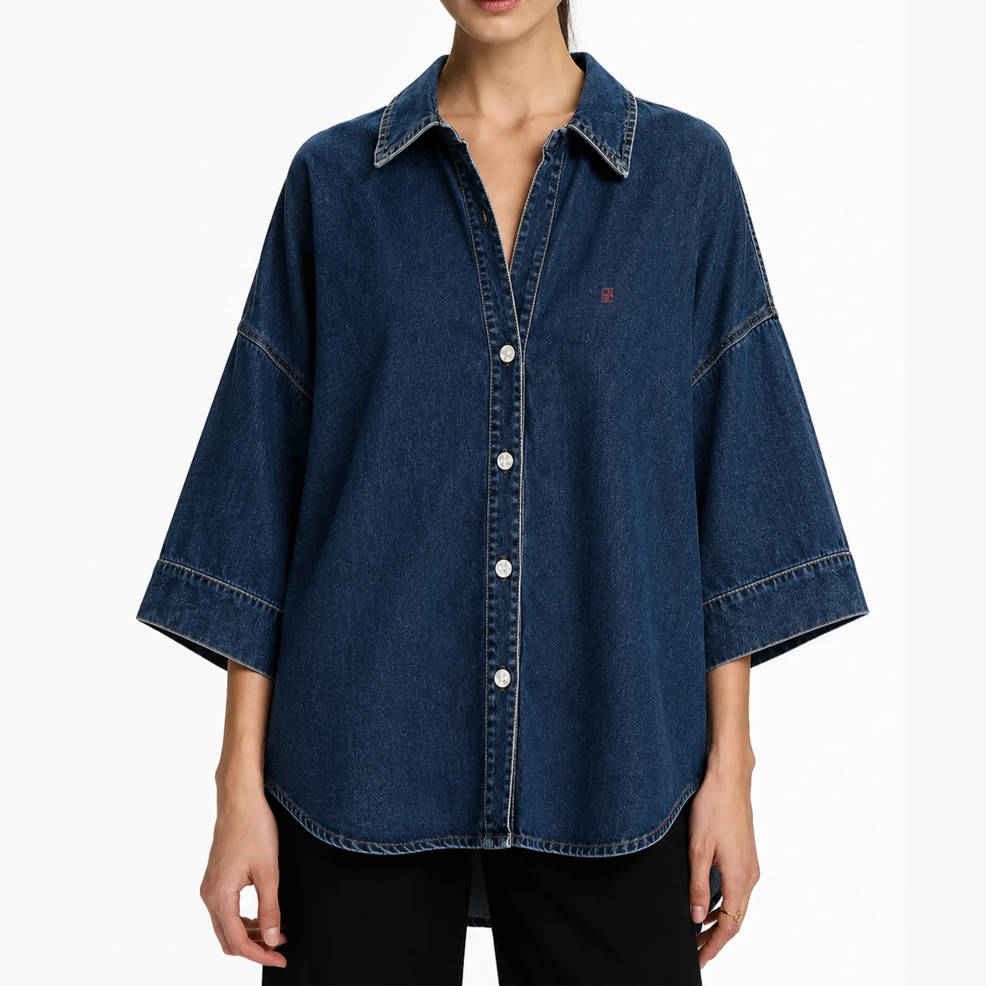 CH Letter Embroidered Solid Color Denim Three Quarter Sleeve Shirt Women Point Collar Oversized Fit Cool Edgy Style Casual Tops view 3