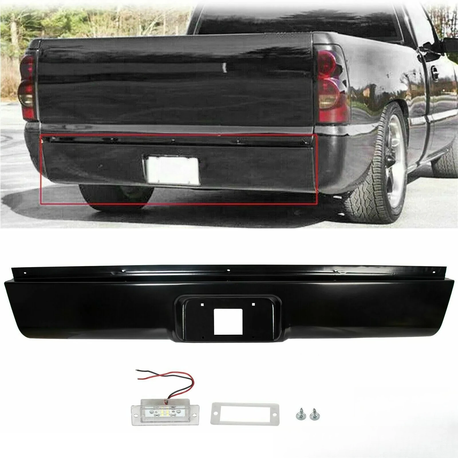 Rear Bumper Roll Pan W/LED License For 1999-2007 Chevy Silverado GMC Sierra 1500