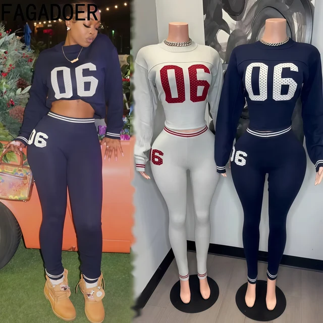 FAGADOER Y2k Fashion Letter Printing Women 2 Piece Set Outfit Long Sleeves Patchwork Crop Top And Skiny Pants Female Streetwear