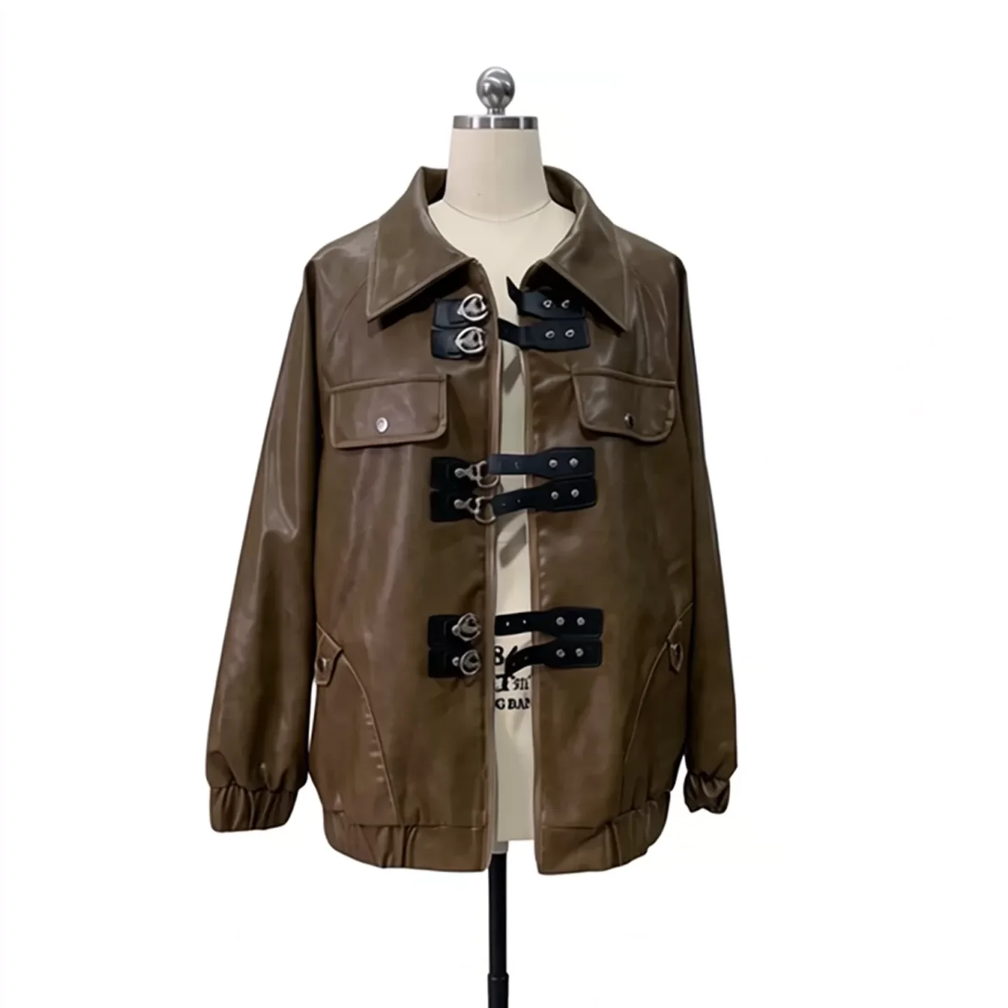 Vintage Brown Leather Jacket Women's Loose Fit Zipper PU Leather Coat Spring Fashion Long Sleeve Pocket Detail Standard Tailo...