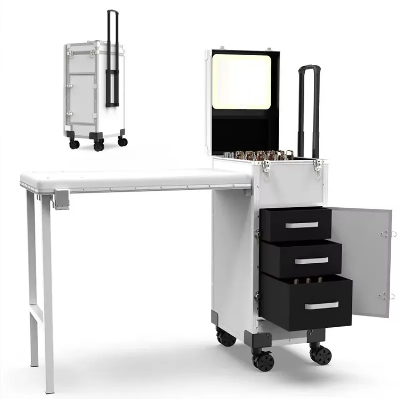Portable Foldable Manicure Station with LED Mirror Bluetooth Drawers & Telescopic Pole Modern Nail Art Table for Beauty Salons