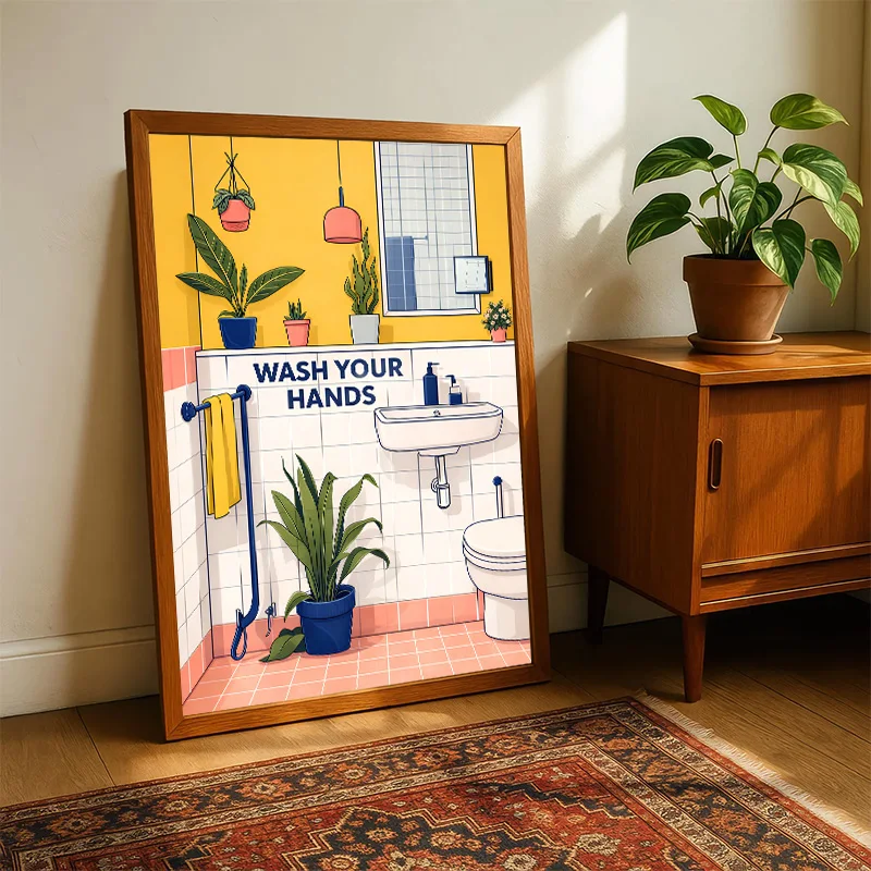 Retro Funny Bathroom Decor Posters Washbasins Toilets Green Wall Art Canvas Prints Painting Wall Art Decor for Bathroom Toilet