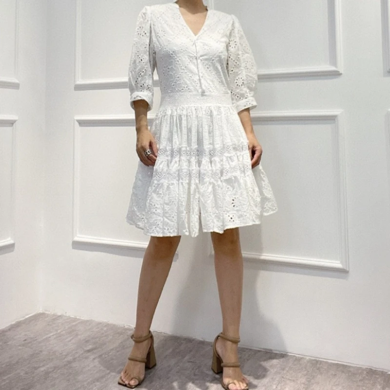 

2024 Spring Summer White Half Sleeve Hollow-Out Embroidery V-Neck Backless Mini Dress