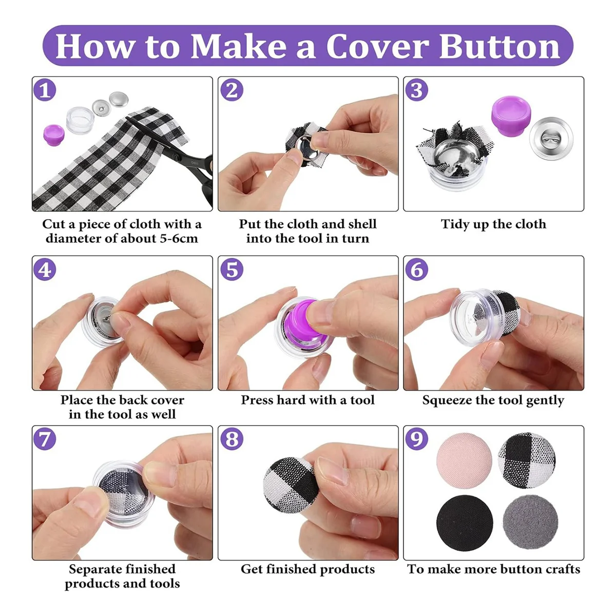 B44C100 Sets Cover Buttons Kit with Tools Size Buttons to Cover Self Cover Buttons DIY Fabric Cloth Cover Buttons 0.59 Inch