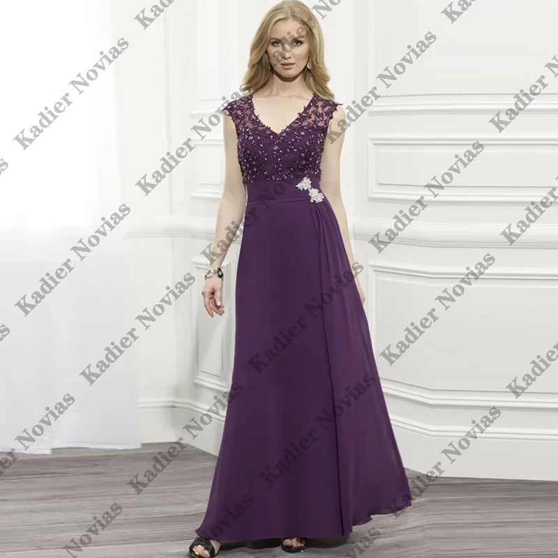 Longo roxo mãe da noiva vestidos frisados rendas apliques robes invitae mariage personalizado vestidos de festa de casamento