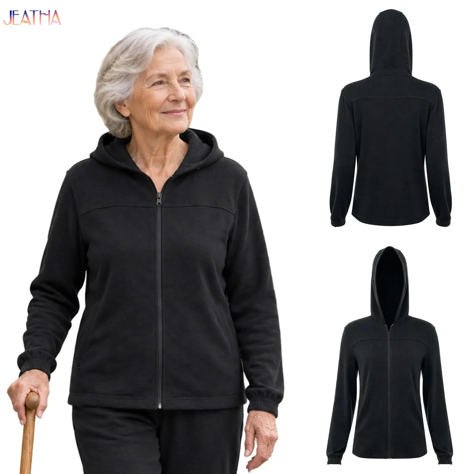 Womens Special Needs Clothes Elderly Adaptive Knit Cardigan Top Front Zipper Long Sleeve Hooded Outerwear Assisted Dressing Coat