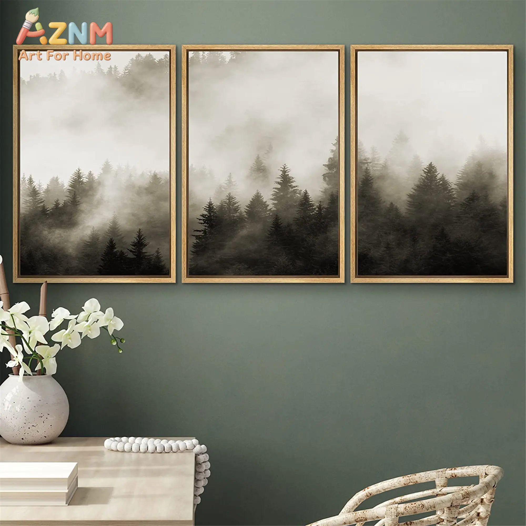 3PCS Black and White Misty Forest Mountain Landscape Canvas Wall Art Prints Minimalist Foggy Pine Tree Nature Scene Unframed Can