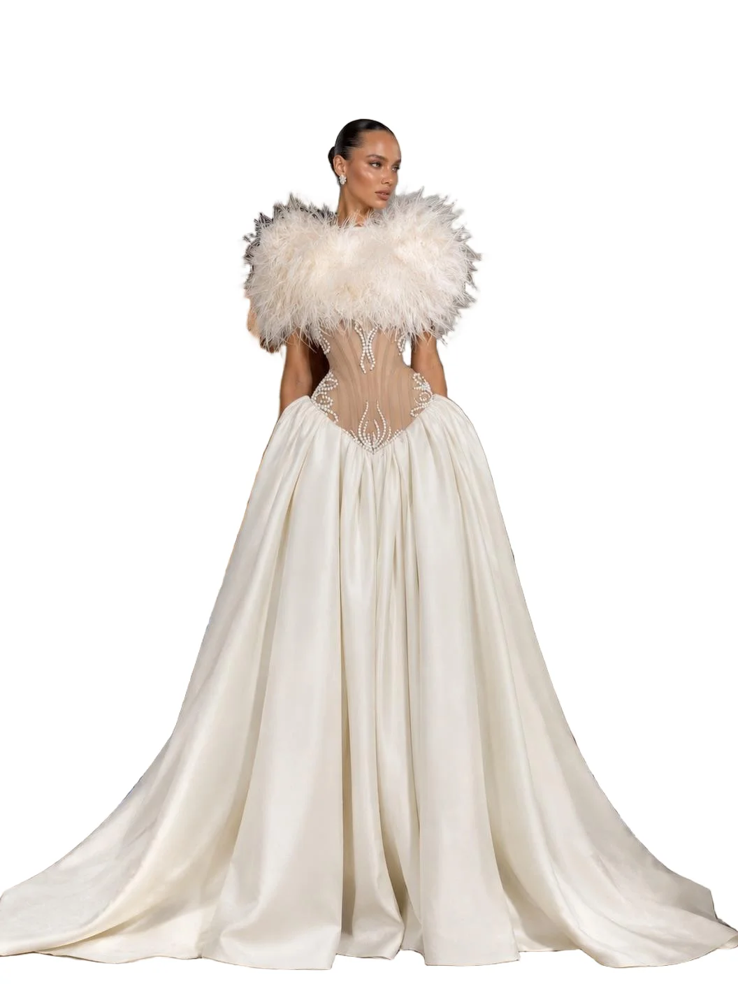 Luxury Feather Wedding Dress Sheer Bodice A-Line Bridal Gown Party Prom Customized Formal Satin Dress D262359