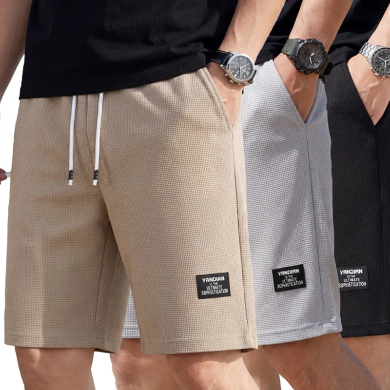

Men's Waffle Casual Shorts Elastic Drawstring Waist Summer Shorts Pants Streetwear Knee Length Fifth Pants With Side Pockets