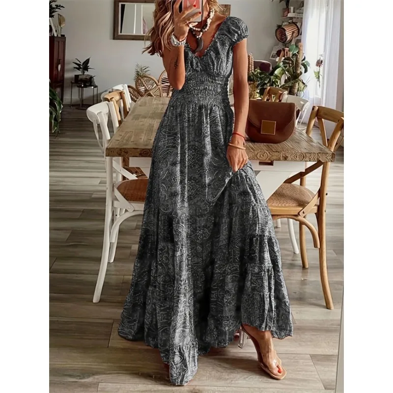Sukienki maxi damskie plus size 1XL-5XL, nowe, letnie, vintage, z nadrukiem, codzienne, z dekoltem w serek, krótkim rękawem, elastyczną talią, długie sukienki damskie.