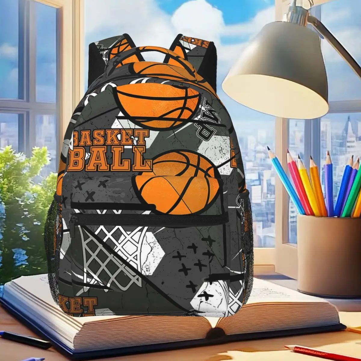 Sporty Basketball Themed Backpack Student Boys Girls BookBag Kids School Bag Laptop Shoulder Bags for Men Women