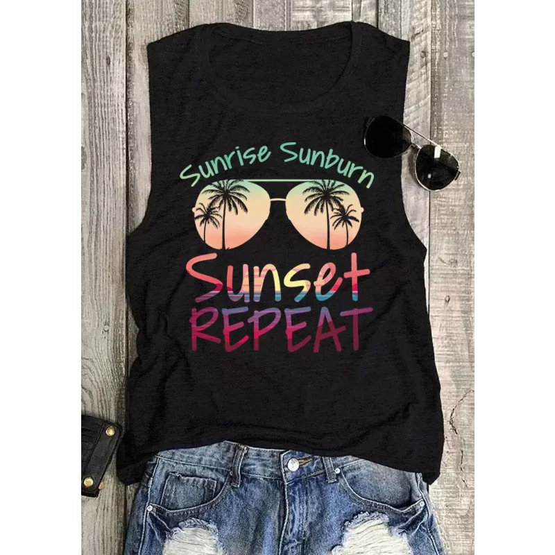 Rheaclots Women's Sunglasses Sunrise Sunburn Sunset Repeat Printed Women's O-Neck Tank Top