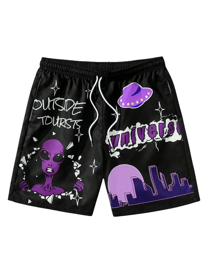 

Men's Letter Graphic Print Drawstring Waist Shorts Casual Tie Front Track Athletic Shorts Basketball Training Summer Oversized