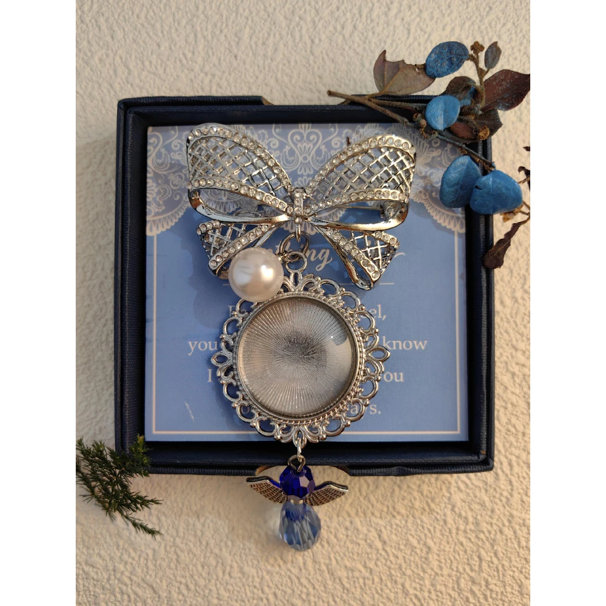 Something Blue Bridal Bouquet Charm, Wedding Memorial Bride Shower Gift, DIY Photo Locket with Angel Bow for Mother Father Keeps