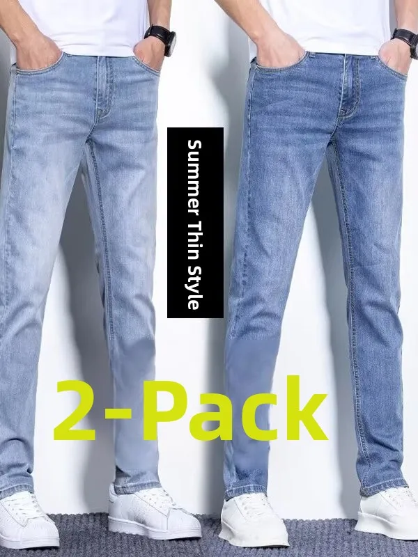 Ultra-Thin Summer Men's Jeans Straight Leg Slim Fit Casual Versatile Mid-Waist Long Pants Cotton Stretch Denim Breathable