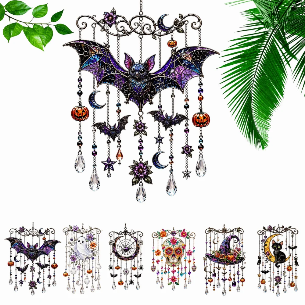 Halloween Themed Crystal Wind Chime Dangling Strands Hanging Chain Hanging Ornament Faceted Teardrops Bead Accents