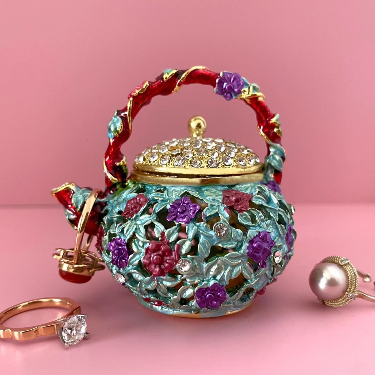 

Metal Teapot Trinket Box Crystal Hinged Teapot Figurine Collectible Jewelry Storage Case Ring Holders Home Table Decor