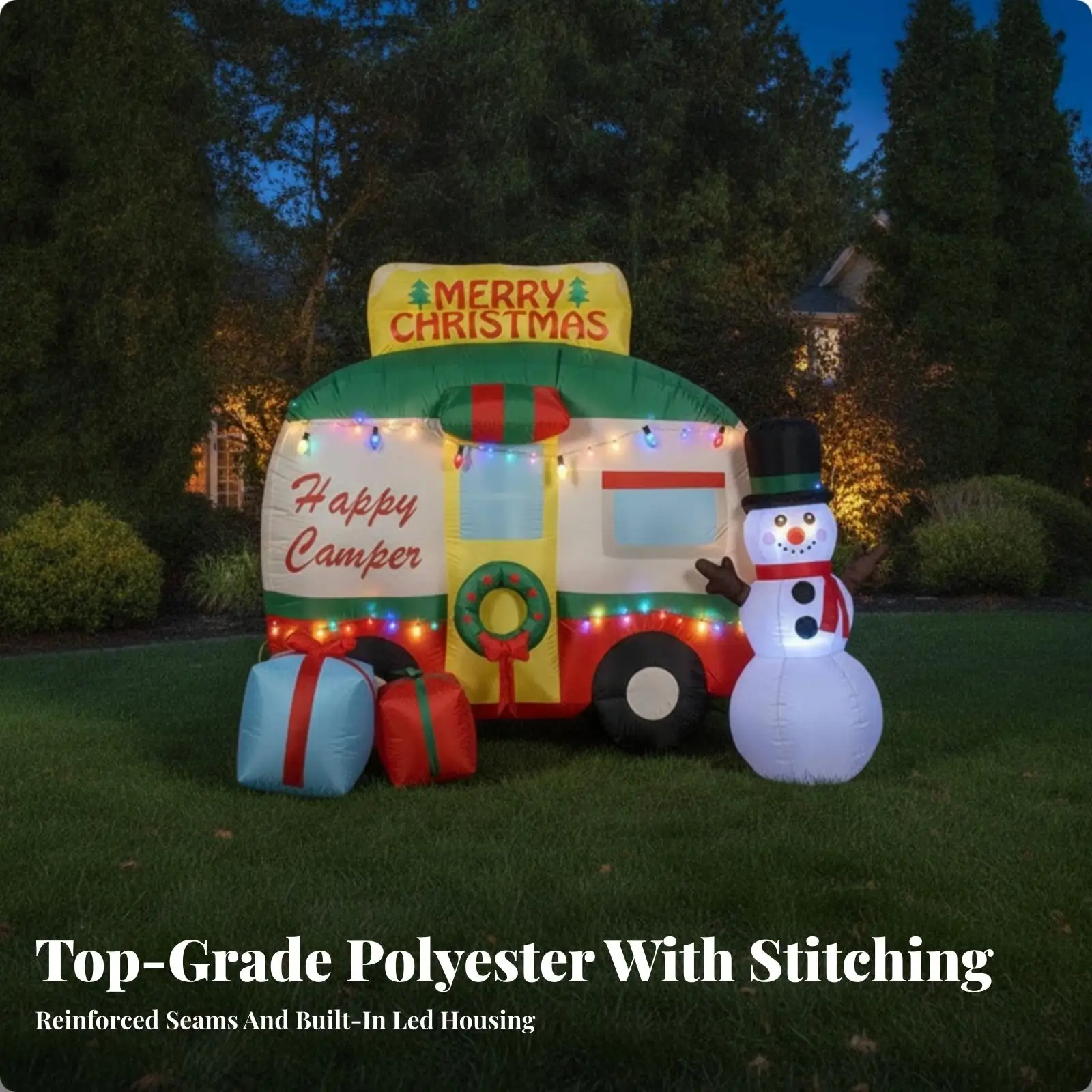 Outdoor Inflatable RV with Snowman Built-in Multicolor Lights, Weather-Resistant Polyester material, Inflatable Trailer with