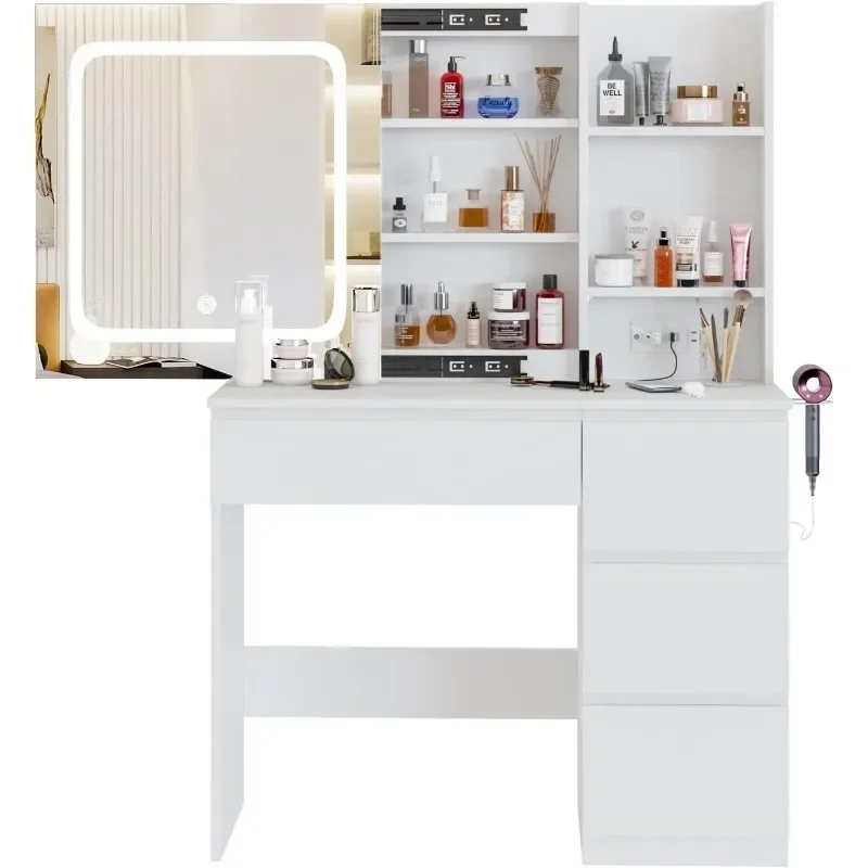 

K White Vanity Desk with Mirror and Lights, Makeup Vanity with Lights 4 Drawers, Vanity Table with Power Outlet & Sliding Door