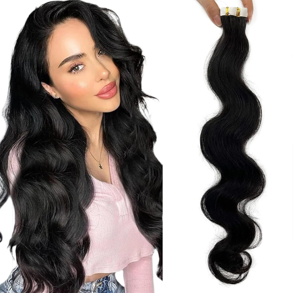26 Inch Body Wave Tape In Hair Extensions 20pcs/50g Natural Black 100% Unprocessed Human Hair Curly Wavy Tape Ins Invisible Glue