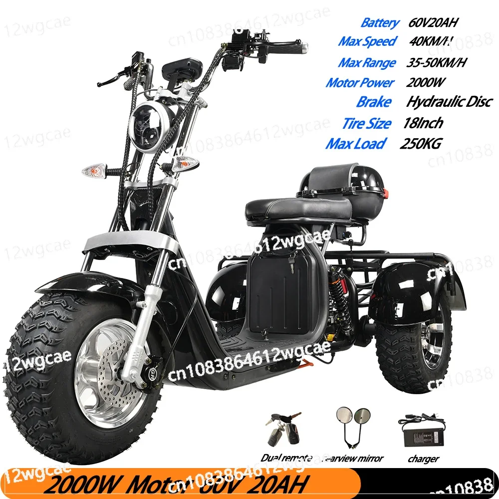 Adult Electric 3 Wheel Scooter 2000W Motor Max Speed 35-45KM/H Max Load 250KG 18 Inch Off Road Fat Tire Electric Scooter