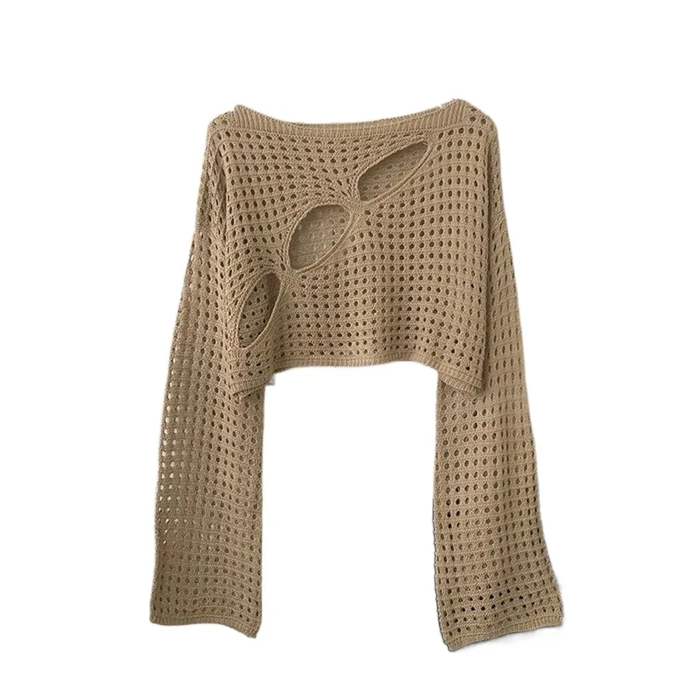 

High Street Sweater Long Sleeve Hollowed Out Smock Loose Pullover Solid Cropped Tops Y2K Round Neck Hollow Out Knit Tops Club