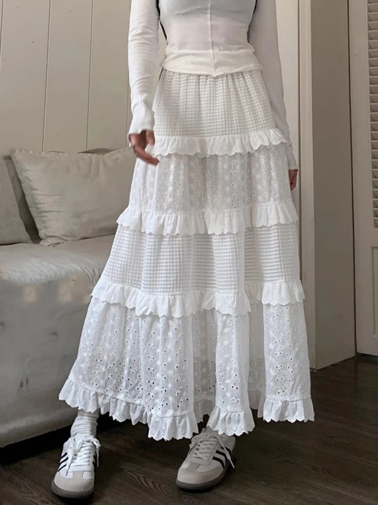 Jmprs Elegant Korean White Long Skirt Women Sweet Design Casual Skirts Fashion Preppy Style High Waist Female A Line Cake Skirt