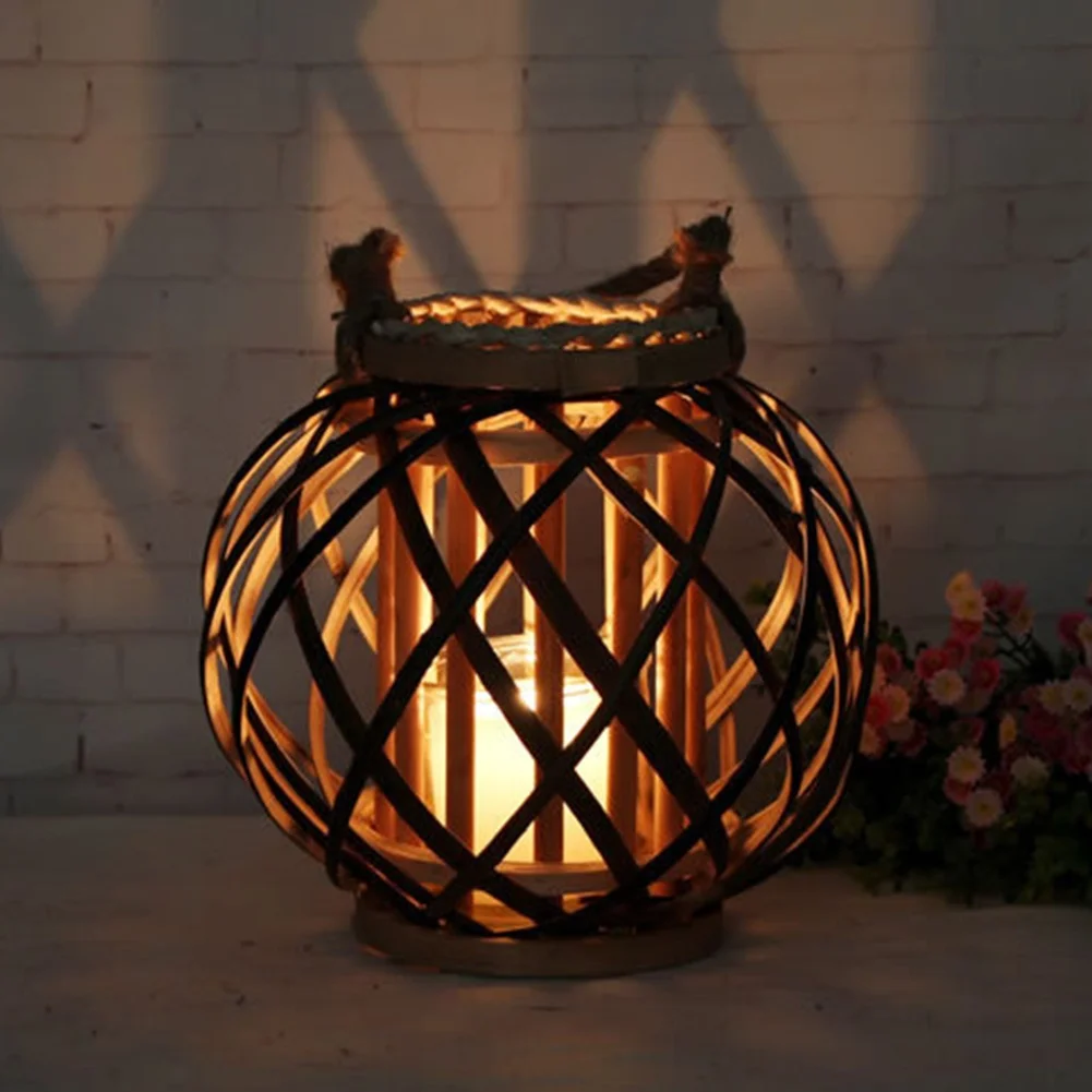 Round Wedding Vintage Wooden Wicker Lantern Candlestick Living Room Tealight Holder Hanging Windproof Crafts Festival Home Decor