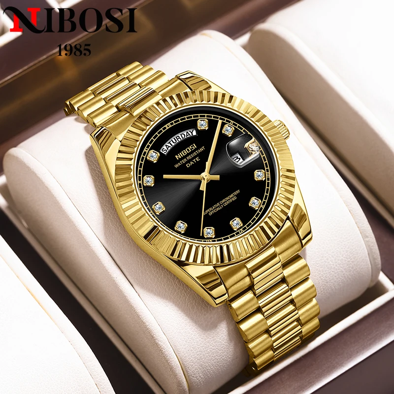 NIBOSI Fashion Brand Luxury Watches For Men Stainless Steel Waterproof Luminous Band Diamond  Watch Casual Sports Date Watch Men
