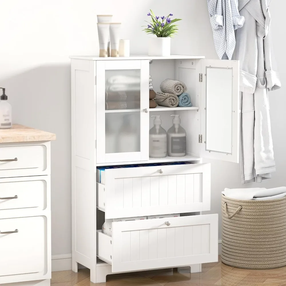 

Bathroom Floor Storage Cabinet, Freestanding Cupboard Pantry with 2 Drawers and 2 Frosted Glass Doors, Adjustable, Customized