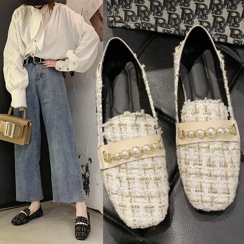 

Women's Vintage Tweed Square Toe Loafers, Pearl Chain Decor Slip On Flats, Soft Sole Comfortable Shoes for Daily Shopping Party