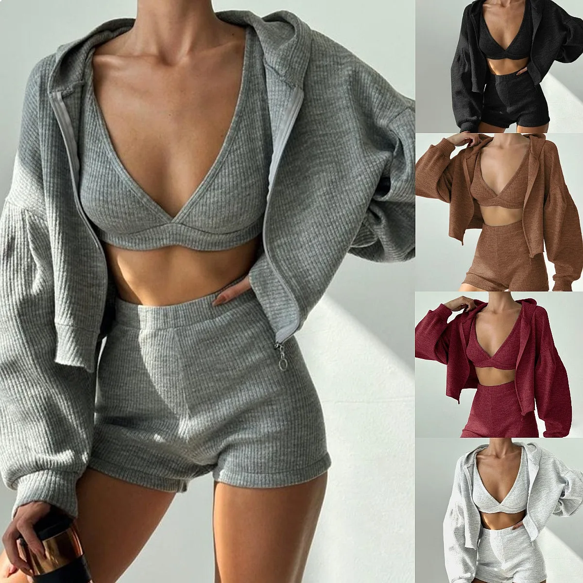 Yoga Matching Set Hooded Cardigan V Neck Sports Bra Shorts Gym Running Lounge Sets