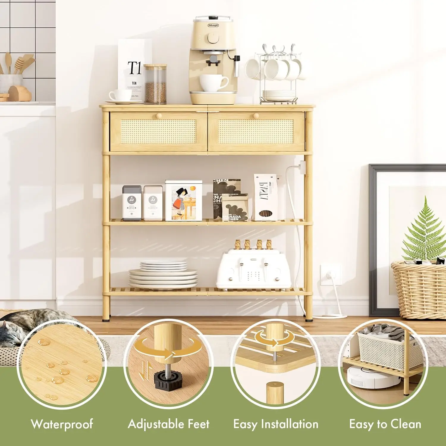 Bamboo Console Table with USB Outlets and Drawers for Living Room Entryway Storage