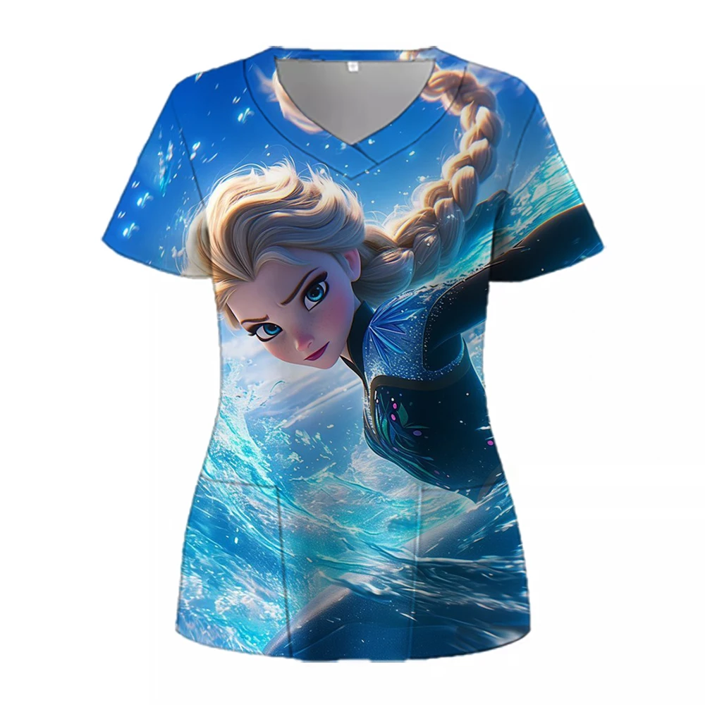 Women Working Uniform Disney Princess Print Frozen Elsa Short Sleeve V-neck Tops Femme Blouse Nurse work wear Medical Uniforms