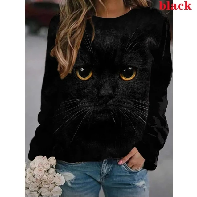 Women Spring Cutie Print Cat Shirt Casual Long sleeve Round Neck belted T-shirt shirt XS-3XL Female Top