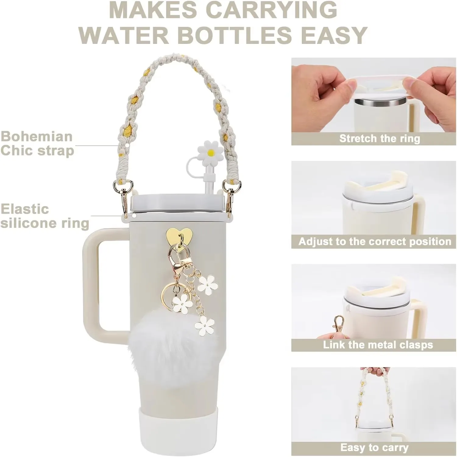 7Pcs Accessory Set Includes For Stanley Cup 1 Water Bottle Handle Strap, 1 Cup Cover, 1 Fixed Cup Cover, 1Straw Cover, 3 Charms image 2