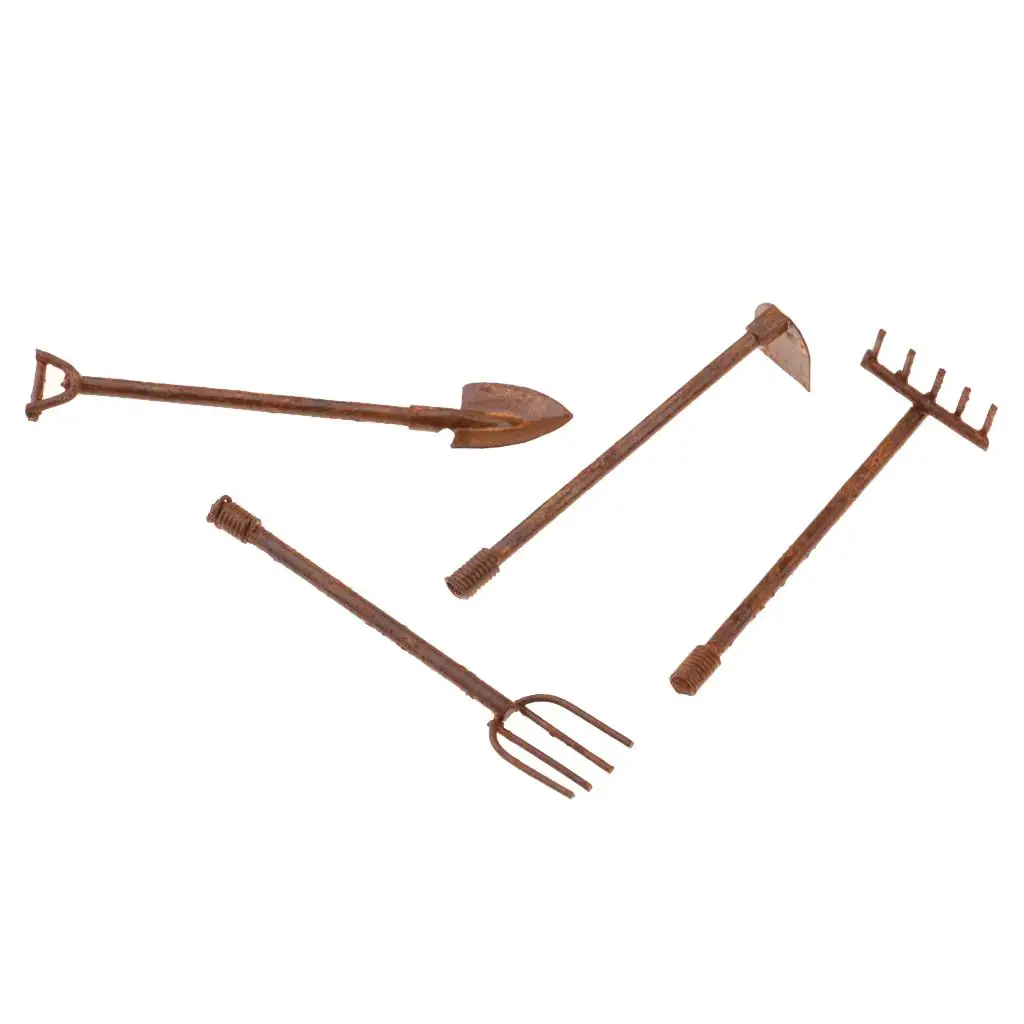 4 Pieces Dollhouse Miniature 1:12 Gardening Tools Metal Shovels and Set