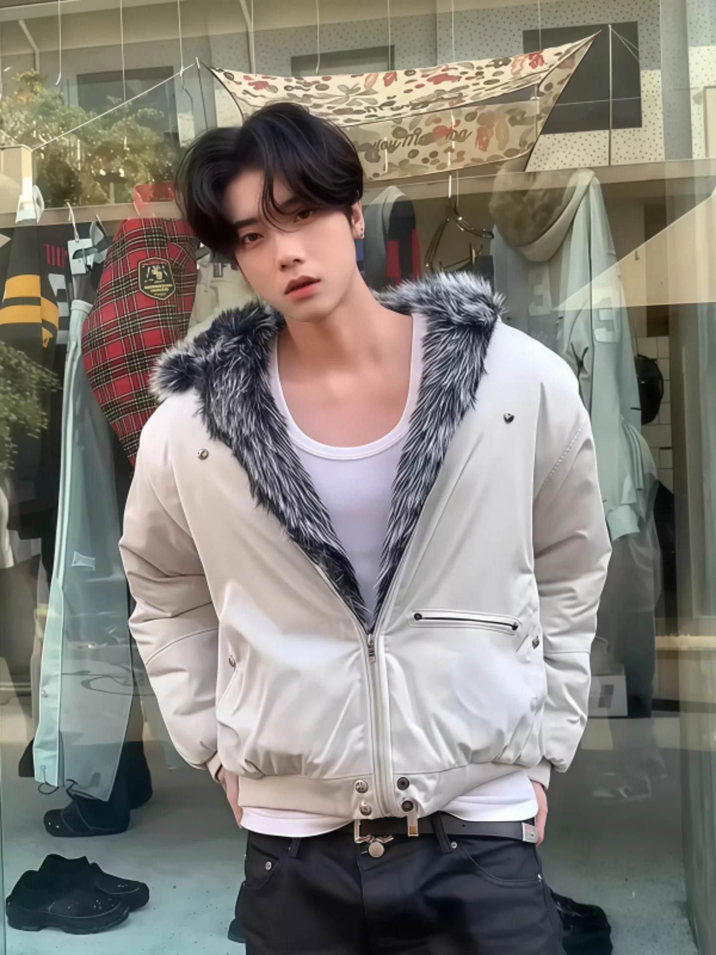 

Thiened American Sle Cotton Jaet with Hood Large Fur Collar Men's Winter Silver Velvet Lined Canvas Coat Youth Faion