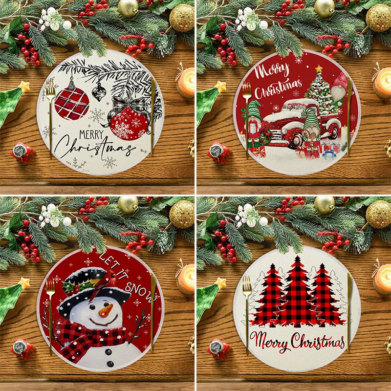 1pc Hot-selling new Christmas round placemats, linen durable tableware heat insulation mats