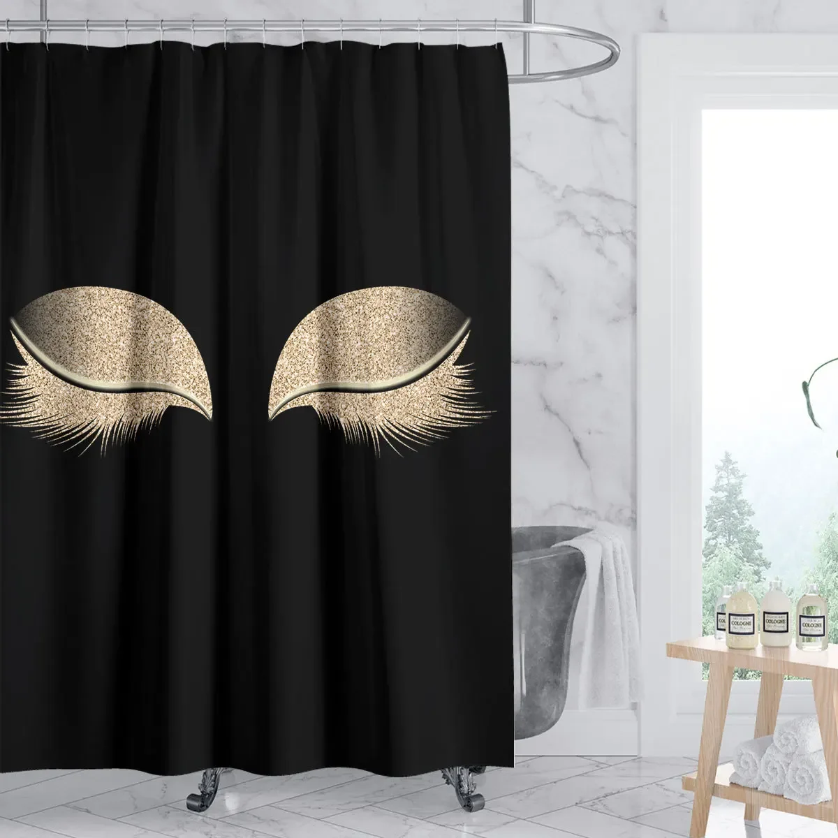 Girls Gold Eyelash Makeup Shower Curtain Bath  Set Spark Rose Drip Bathroom  Eye Lash Beauty Salon Art Home Decor