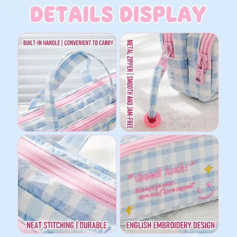 Niedlicher, mit Gingham-Muster bestickter Stiftebeutel mit tragbarem Griff und großem Fassungsvermögen für Schüler zur Aufbewahrung von Schulsachen. – Detail 10