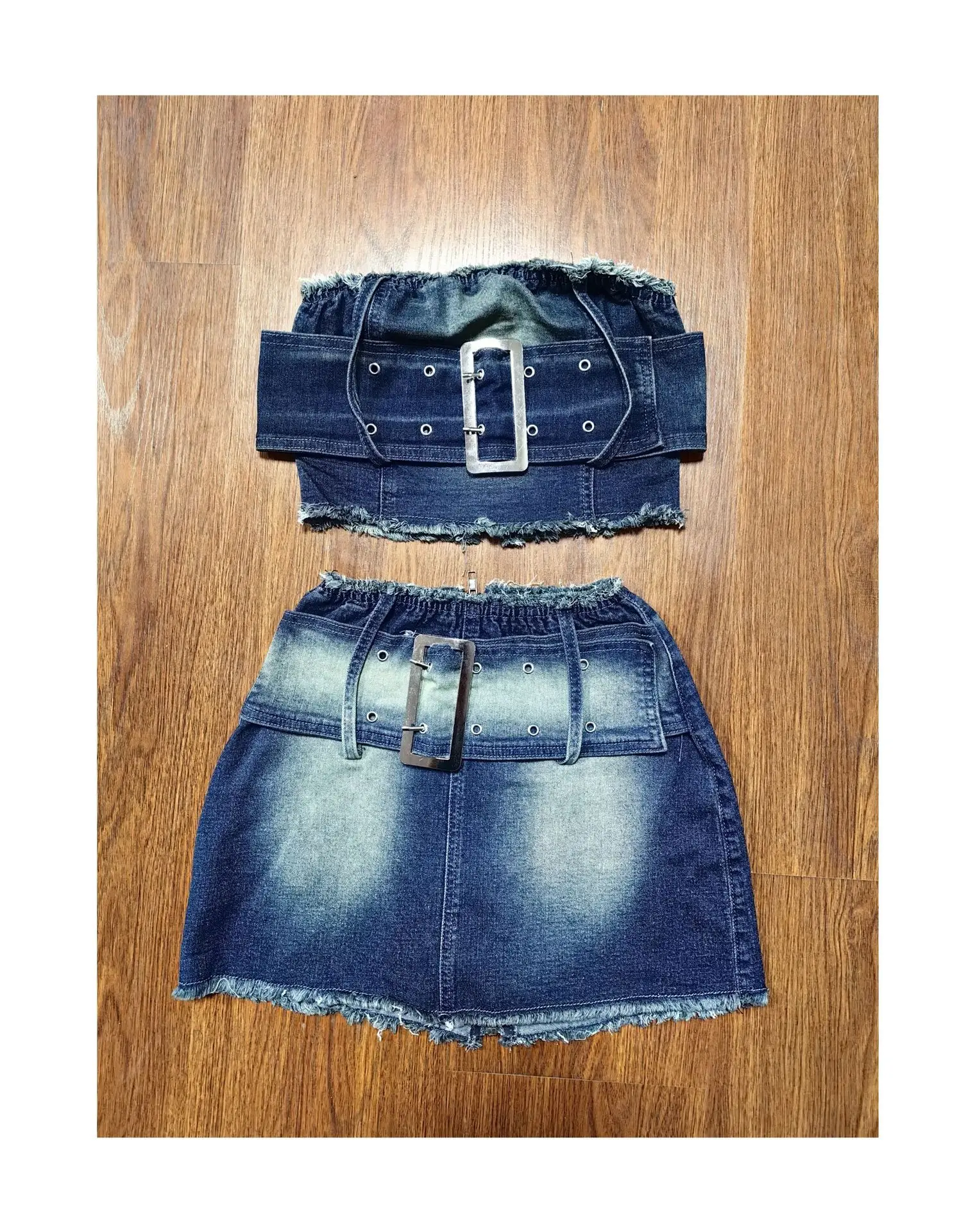 Denim Crop Tops Dress 2 Piece Mini Skirt Sets Women Sexy Cargo Dress Y2K Denim Jean Two Piece Sets Summer Outfits Clothes