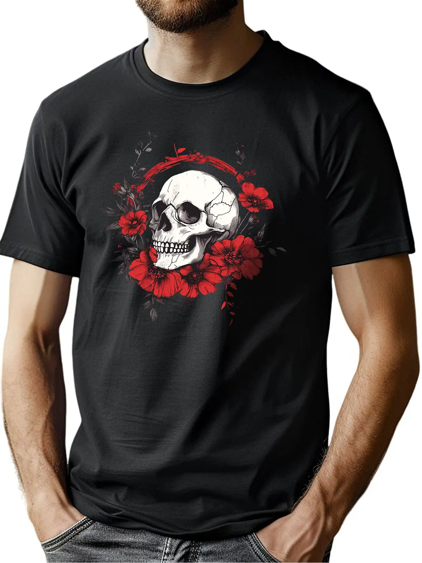 

Pure Cotton Men's Crew Neck Tee With Skull And Floral Print Father'S Day Gift Everyday Comfort Machine Washable For All Men
