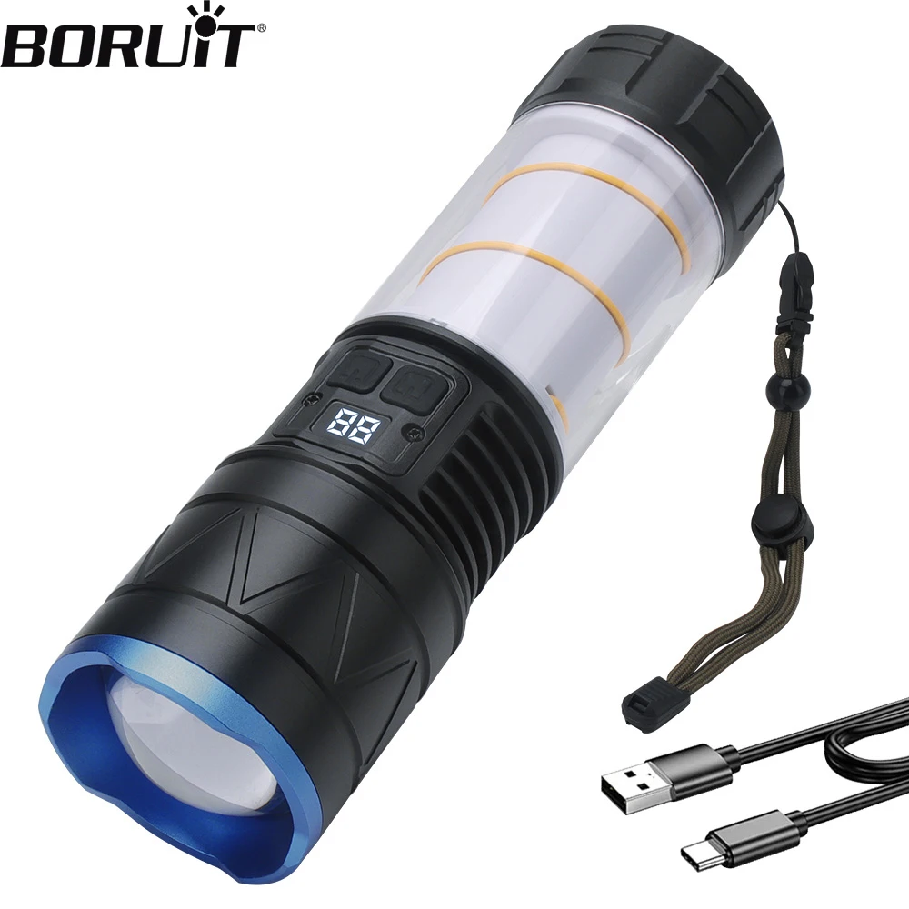 

BORUiT Super Bright Flashlight 1000LM 360° Flood light Type-C Rechargeable Long Range Spotlight Digital Display Camping Lantern