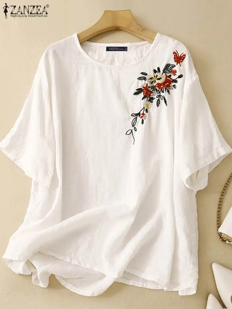 ZANZEA Vintage Half Sleeve Blouses 2024 Women Floral Embroidery Round Neck Tunics Casual Loose Buttons Tops Summer Simple Blusas