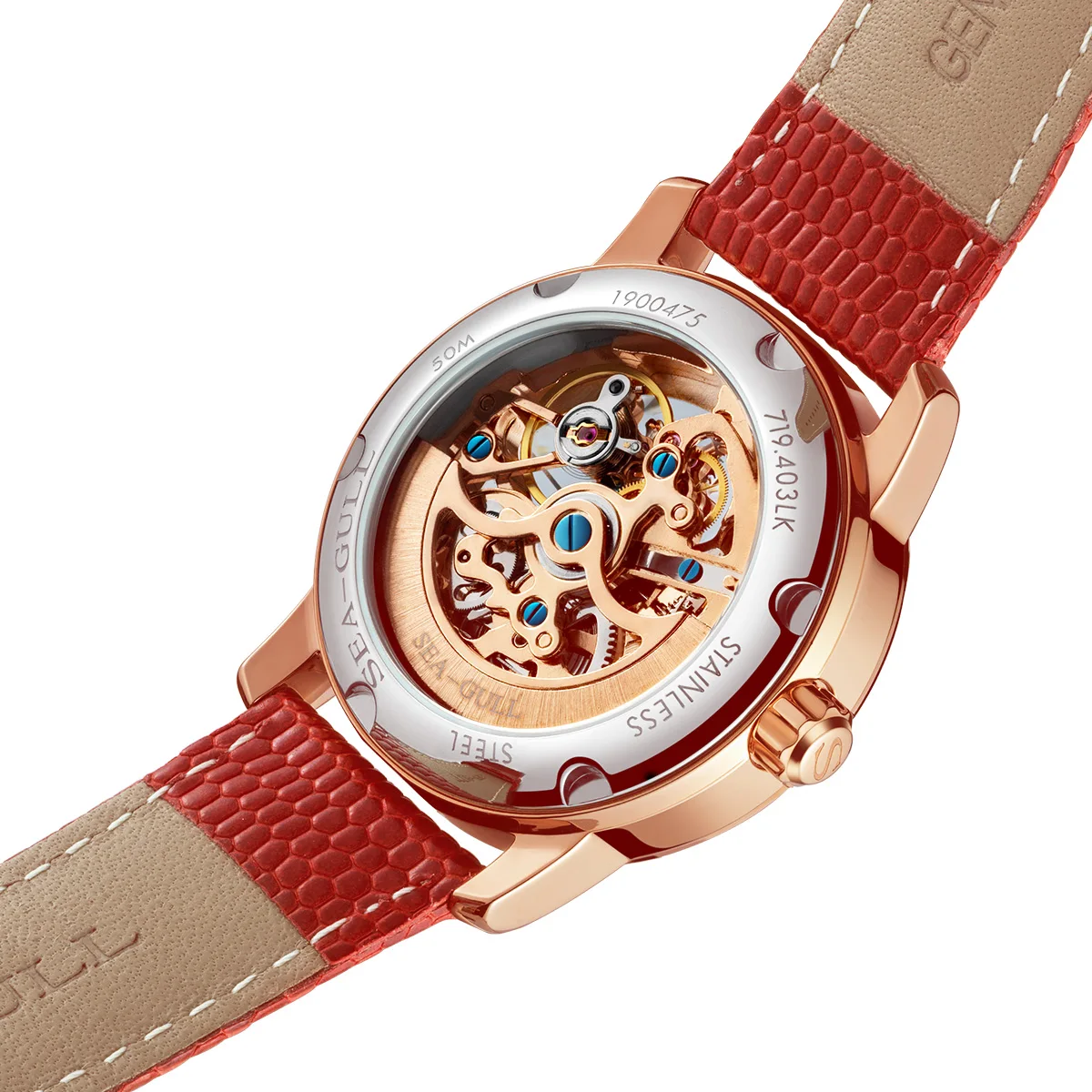 Seagull Fashion Women's Watch Red Luxury Zircon Skeleton Womens Mechanical Automatic Ladies Wristwatch Montre Femme 719.403LK